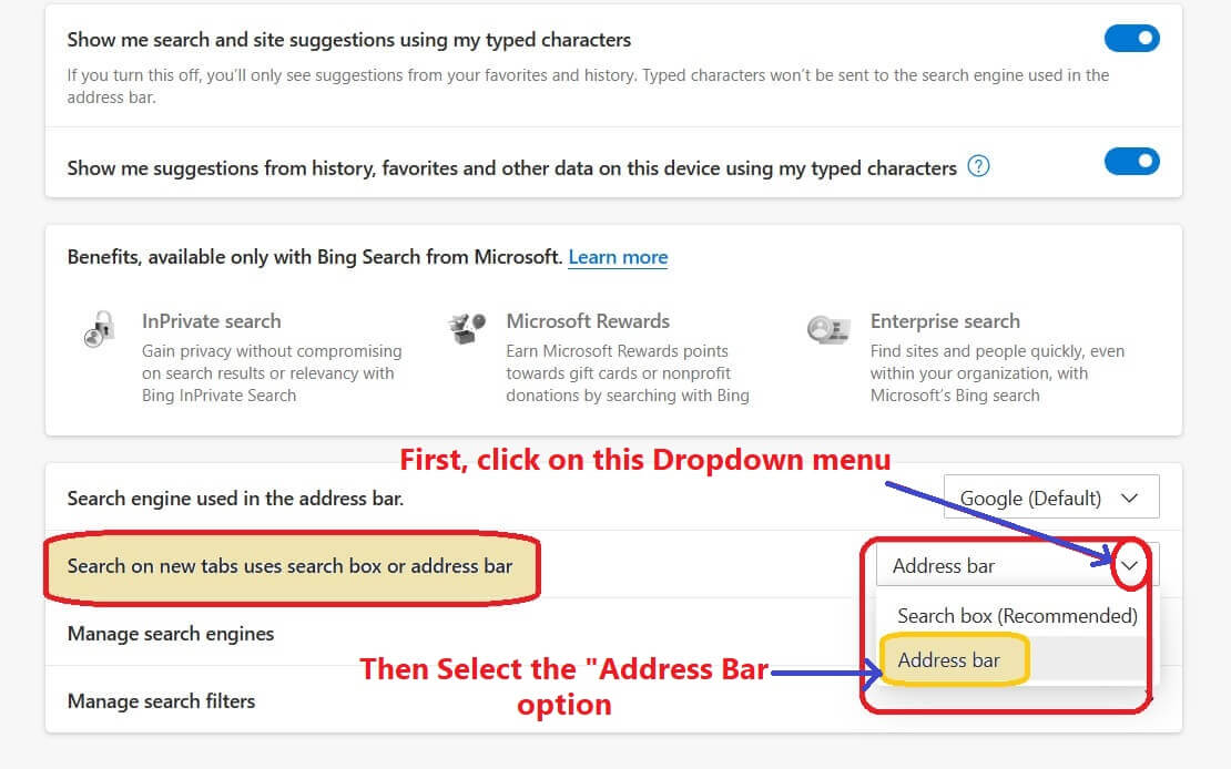 Search on new tabs uses search box or address bar