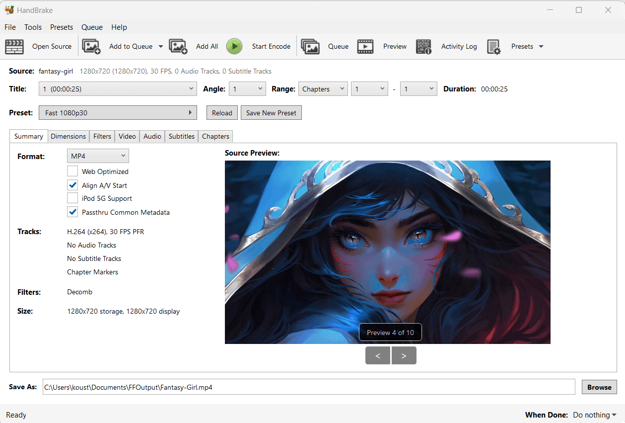 Interface of Handbrake 32-bit for Windows 7