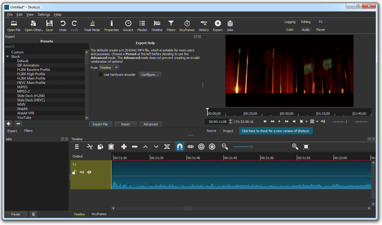 Dashboard Interface of Shotcut for Windows 7